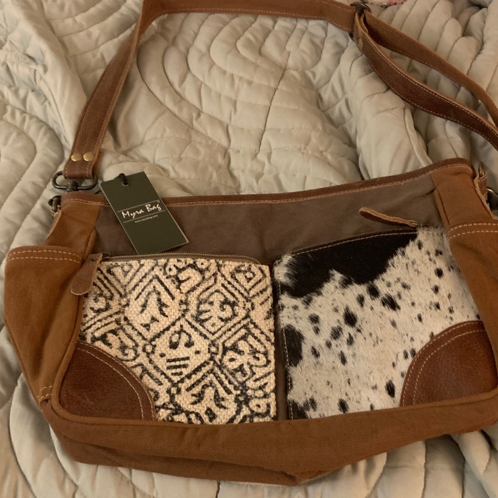 Myra Bag Tan and Black Patterned Shoulder Bag